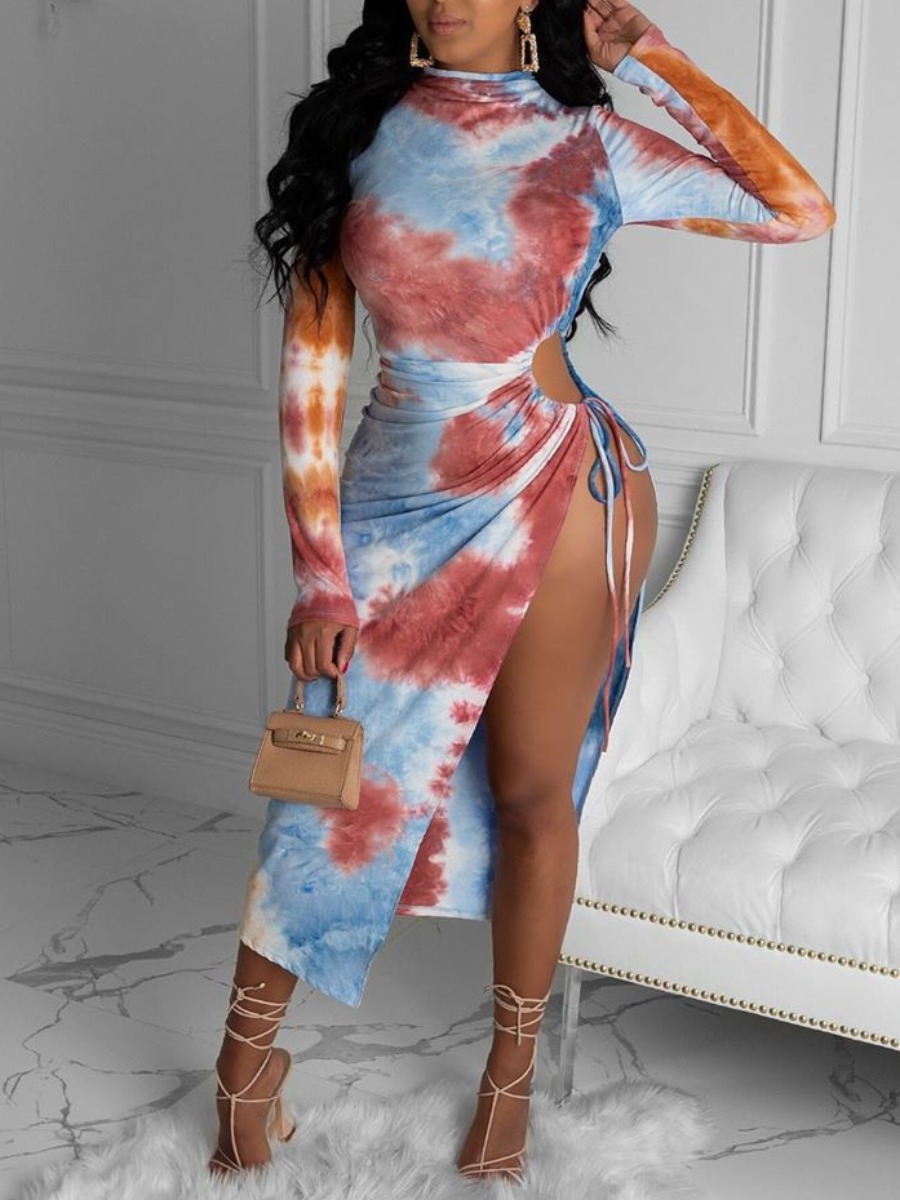 

lovely Sexy Tie-dye Side High Slit Red Mid Calf Dress