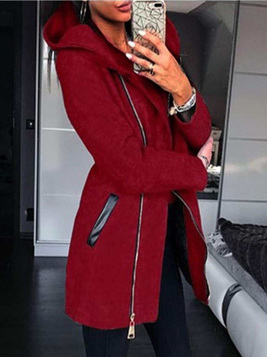 

Lovely Casual Hooded Collar Zipper Design Red Long Coat