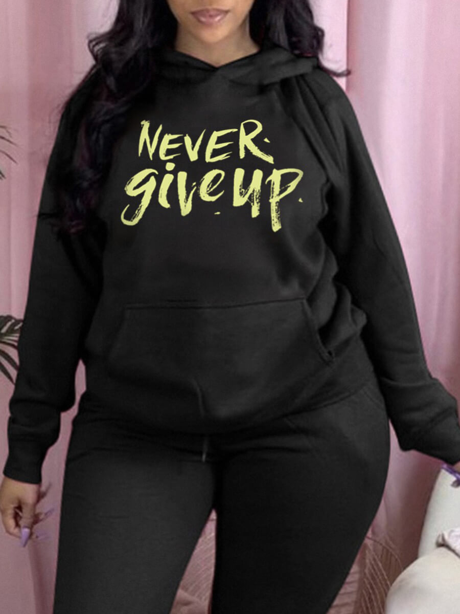 

Lovely Sportswear Hooded Collar Letter Print Pitch-black Plus Size Hoodie