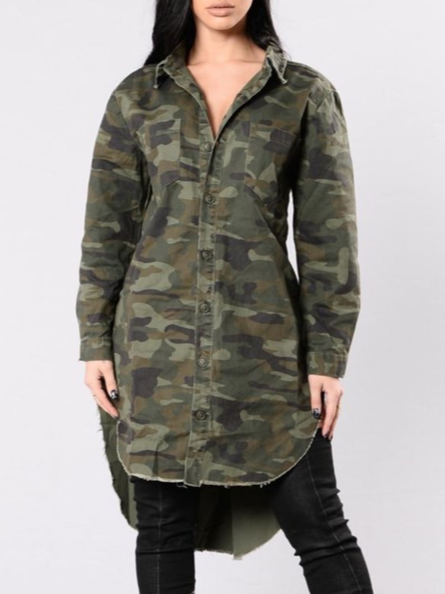 

lovely Street Turndown Collar Asymmetrical Camo Print Long Coat