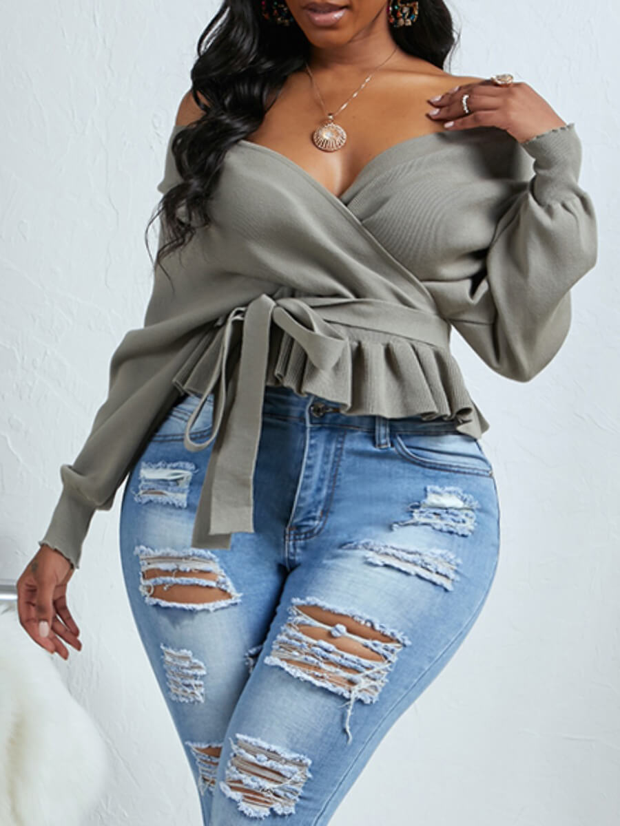 

LW Plus Size Casual V Neck Fold Design Grey Sweater