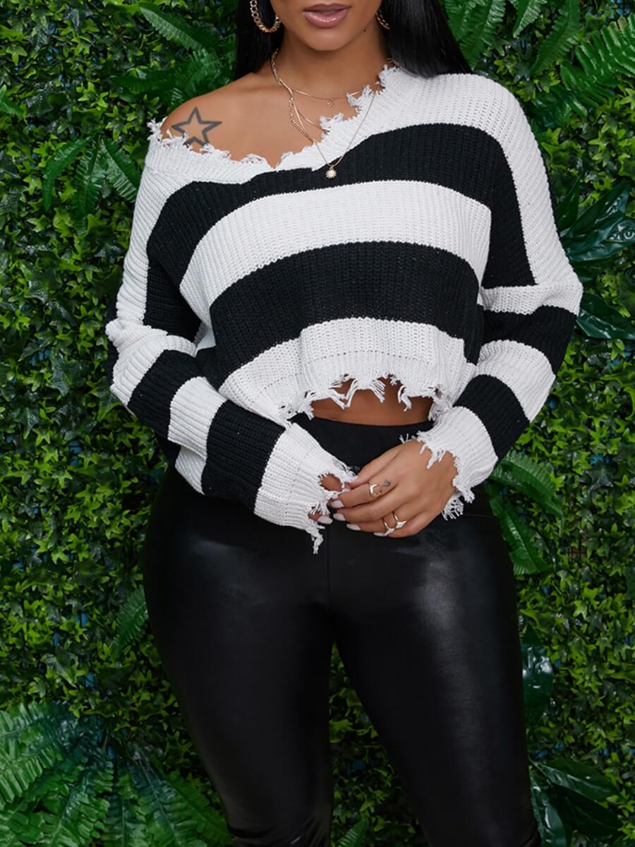 

Lovely Street V Neck Striped Black Sweater