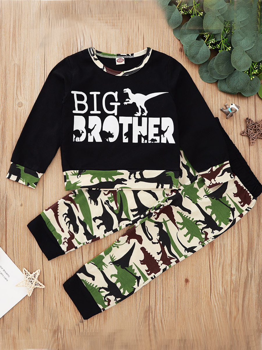 

lovely Casual O Neck Print Black Boy Two-piece Pants Set