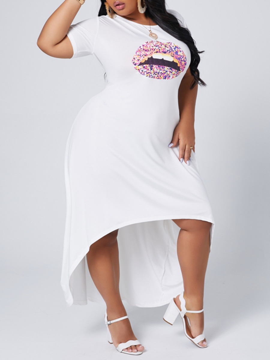 

lovely Casual O Neck Lip Print White Ankle Length Plus Size Dress