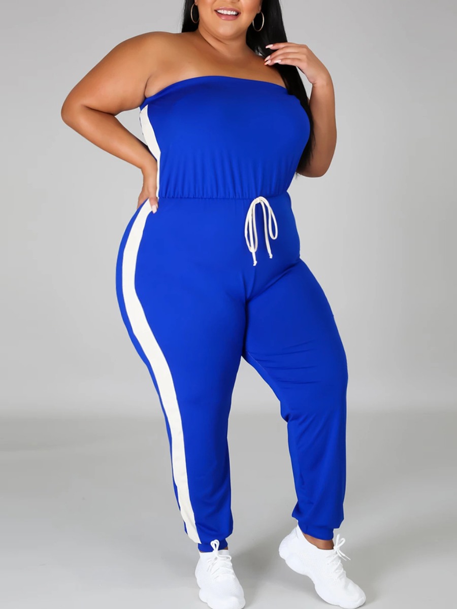 

lovely Leisure Dew Shoulder Patchwork Blue Plus Size One-piece Jumpsuit