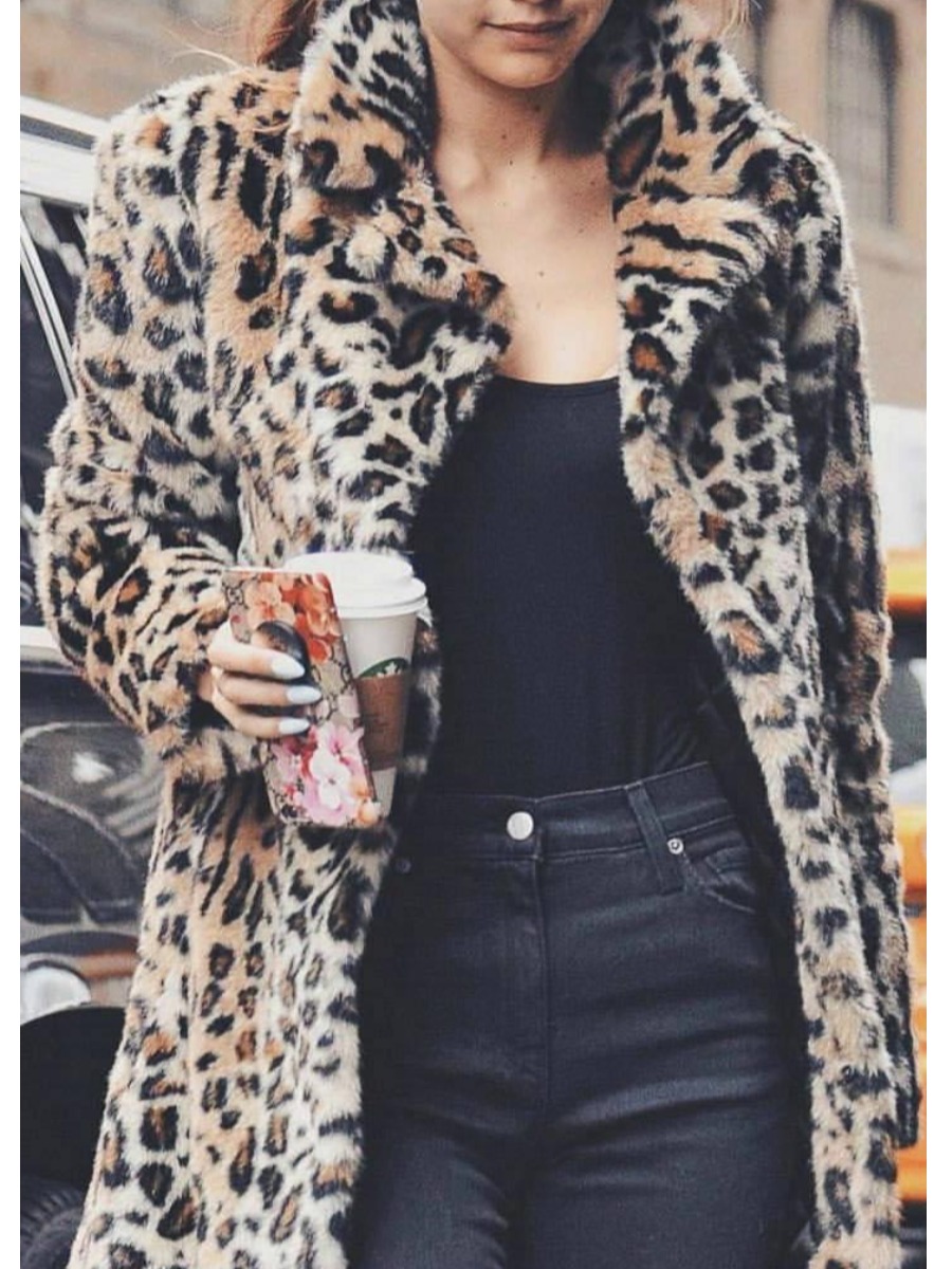 

lovely Trendy Turndown Collar Leopard Print Long Coat