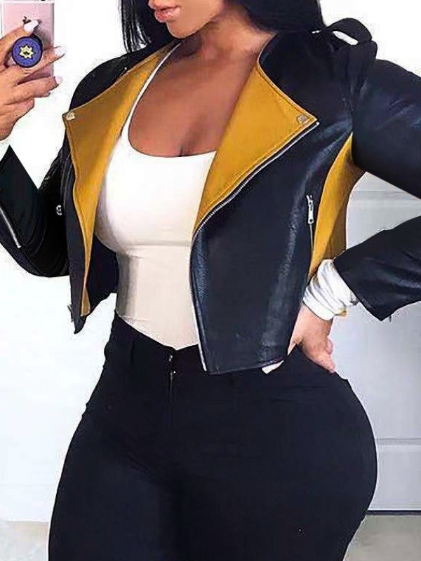

lovely Trendy Zipper Design Patchwork Black Short Jacket