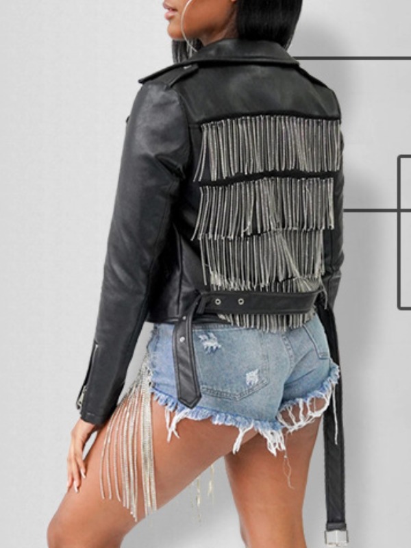

lovely Street Turndown Collar Tassel Design Black Jacket