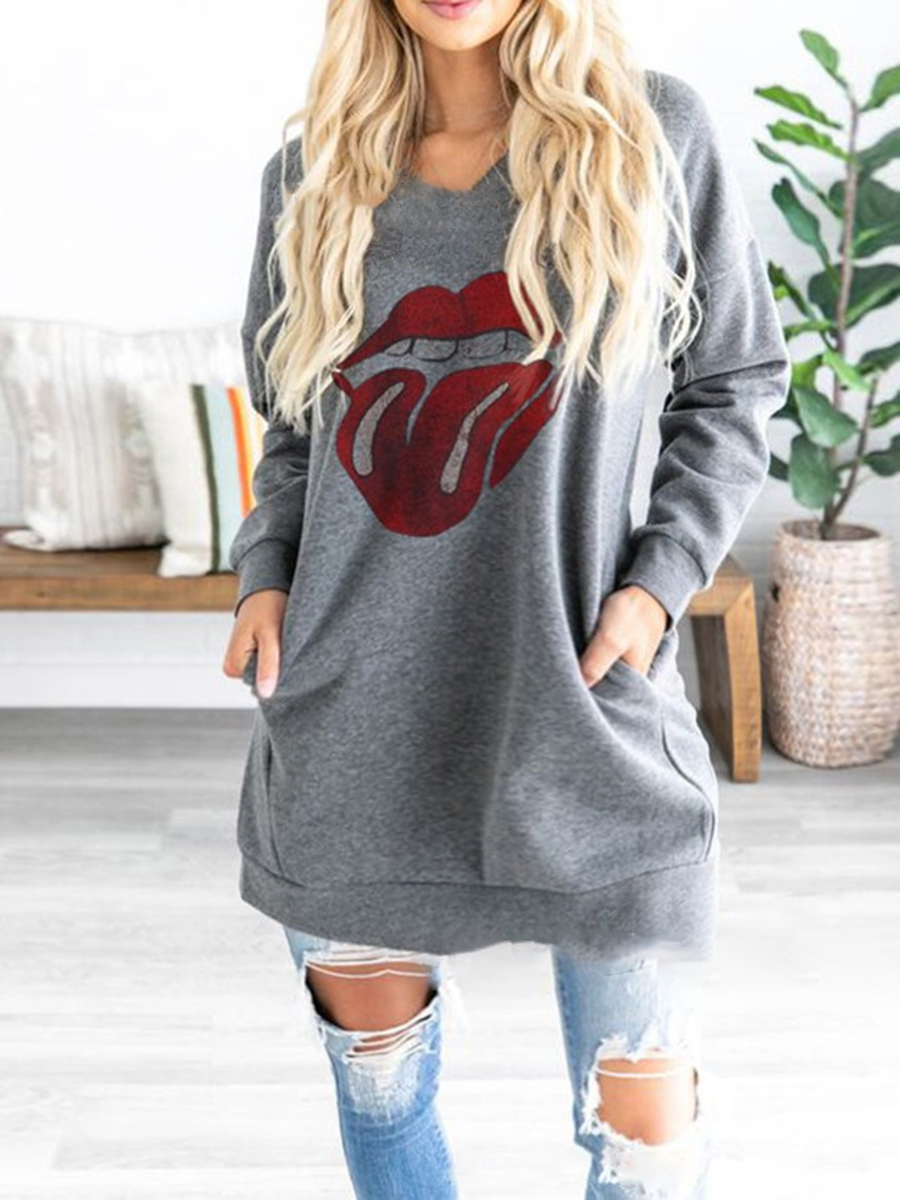 

lovely Casual V Neck Lip Print Grey Plus Size Hoodie