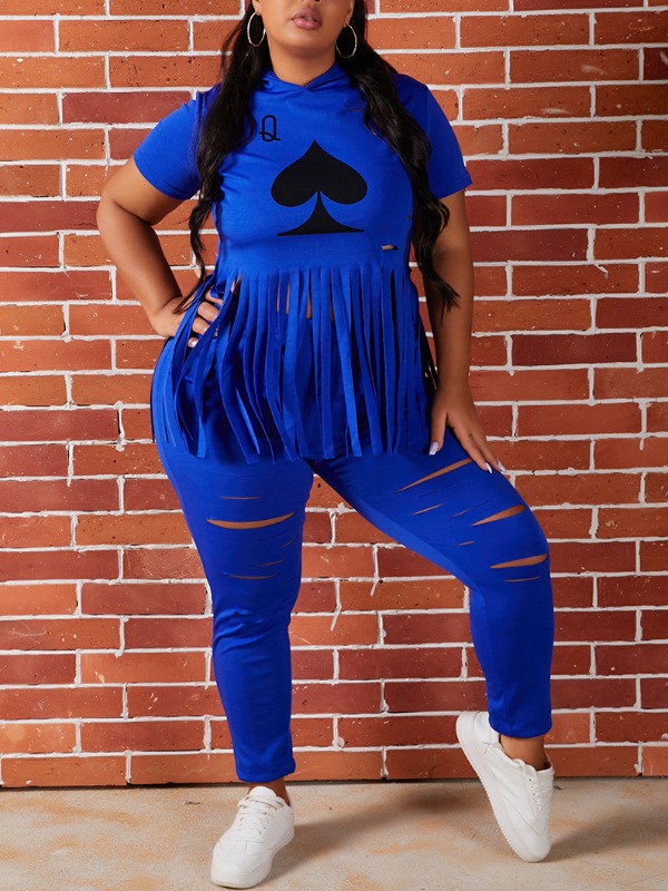 

lovely Street O Neck Print Tassel Design Blue Plus Size Two-piece Pants Set