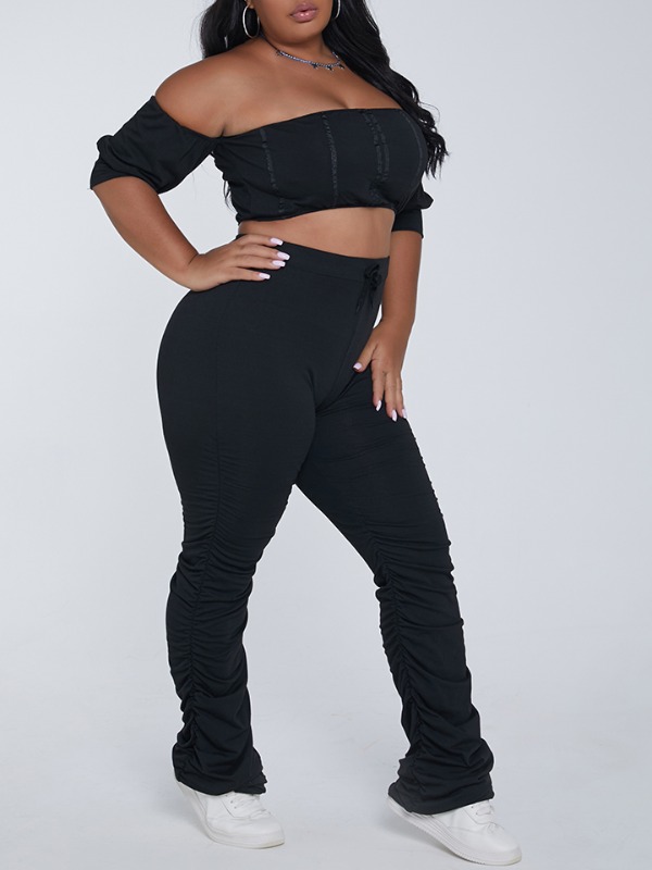 

lovely Sexy Dew Shoulder Fold Design Black Plus Size Two-piece Pants Set