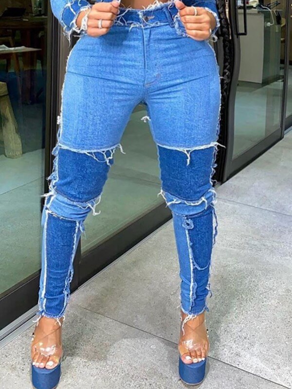 

Lovely Casual Patchwork Blue Plus Size Jeans