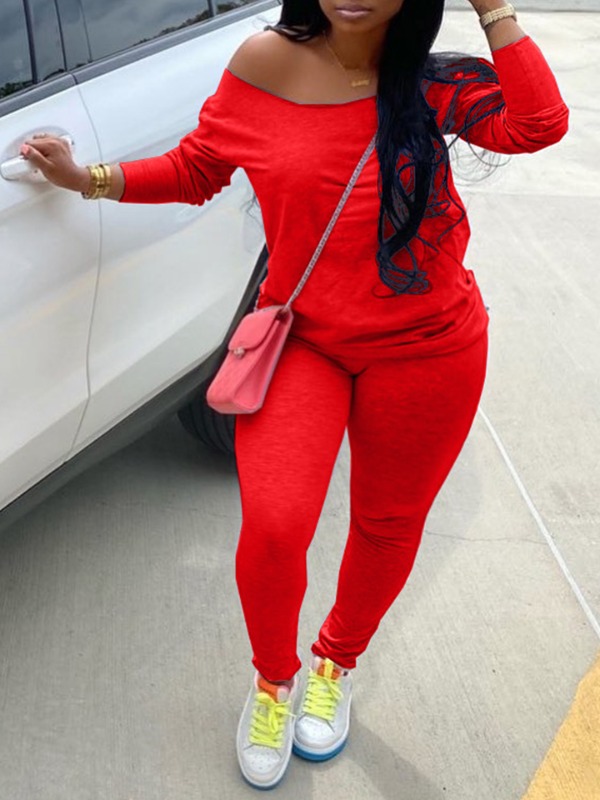 

lovely Casual Basic Skinny Red Plus Size Two-piece Pants Set