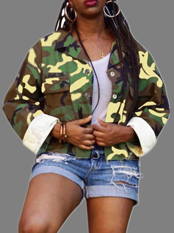

lovely Street Turndown Collar Camo Print Jacket