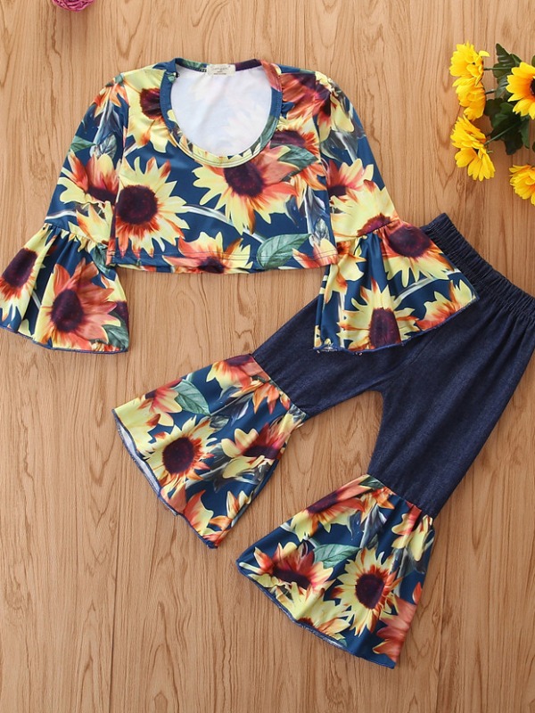 

lovely Stylish V Neck Floral Print Blue Girl Two-piece Pants Set