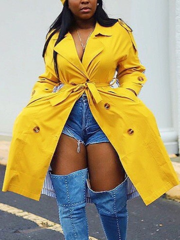 

lovely Stylish Turndown Collar Buttons Design Yellow Long Trench Coat