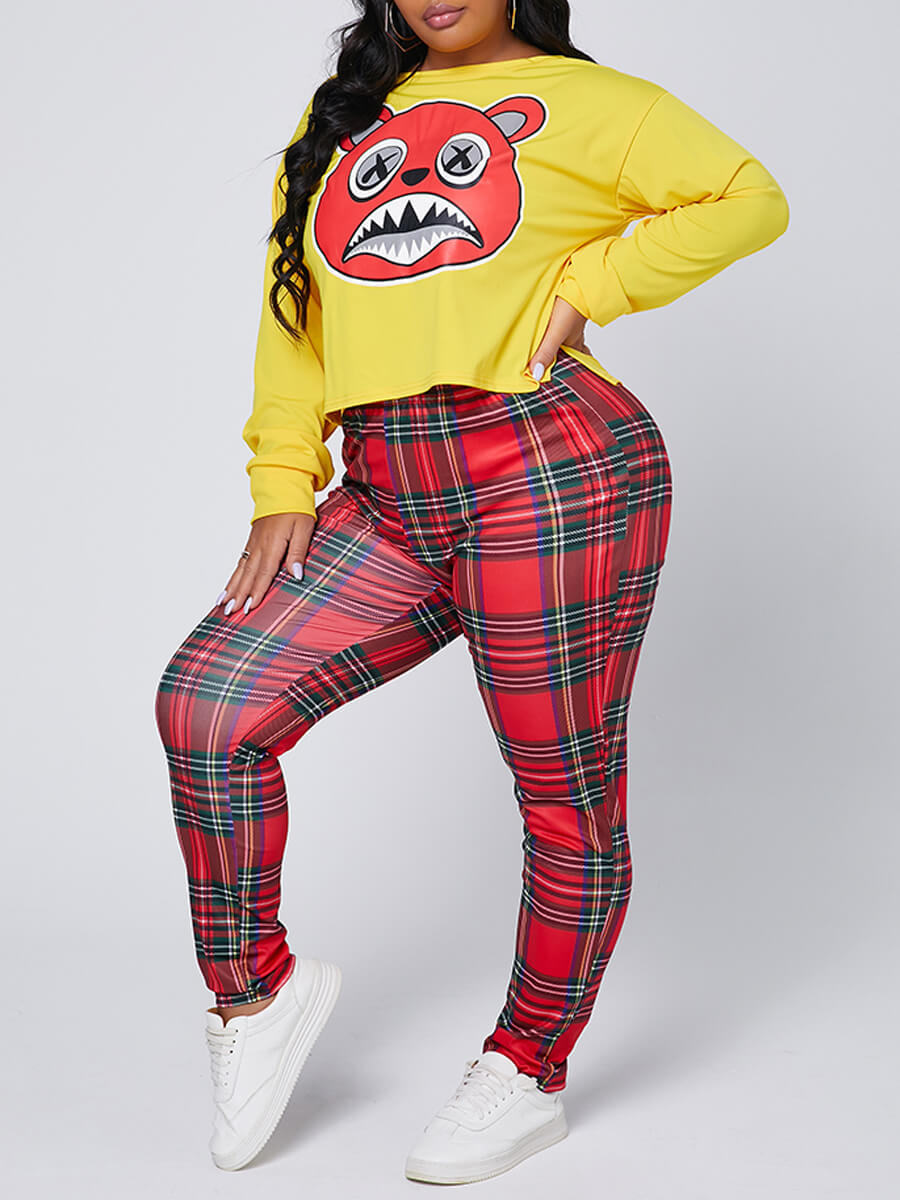 

Lovely Casual Cartoon Print Yellow Plus Size Two Piece Pants Set