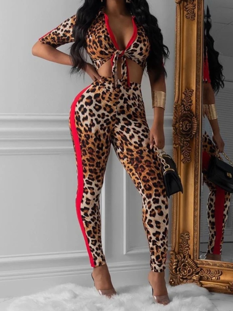

lovely Trendy Leopard Print Patchwork Two Piece Pants Set