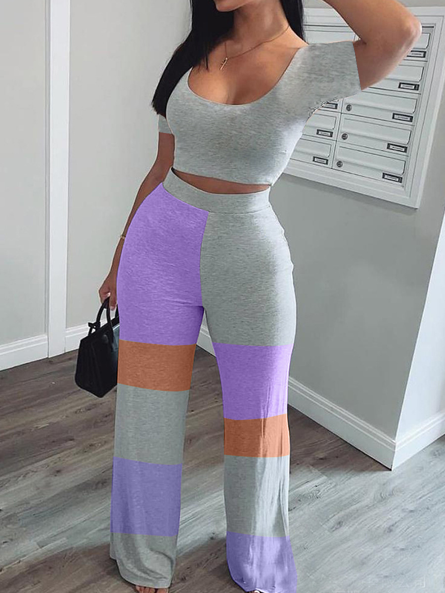 

lovely Leisure U Neck Color-lump Patchwork Grey Two Piece Pants Set
