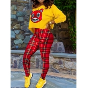 Lovely Casual Cartoon Print Yellow Two Piece Pants