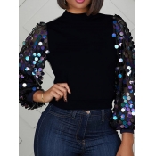 lovely Trendy Sequined Patchwork Black Blouse