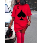 LW Casual O Neck Print Red Mini Dress