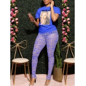 LW Casual Letter Print Blue Two Piece Pants Set