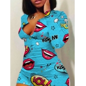Lovely Lip Print Skyblue Romper