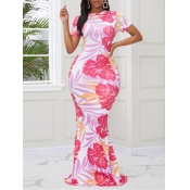 Lovely Casual O Neck Plants Print Pink Maxi Dress