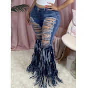 Lovely Trendy Broken Holes Tassel Design Blue Plus