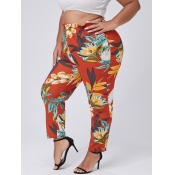 lovely Casual Plants Print Red Plus Size Pants