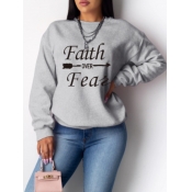 Lovely Casual O Neck Letter Print Grey Hoodie
