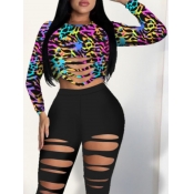 lovely Stylish O Neck Leopard Print Broken Holes P