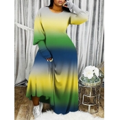 Lovely Casual O Neck Gradient Green Maxi Plus Size