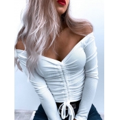 Lovely Street V Neck Fold Design Drawstring White 