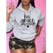 Lovely Casual Hooded Collar Letter Camo Print Grey