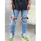LW Stylish Broken Holes Baby Blue Men Jeans