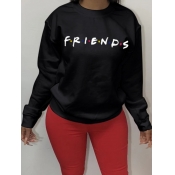 Lovely Casual O Neck Letter Print Black Hoodie