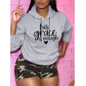 Lovely Casual Hooded Collar Letter Print Grey Hood