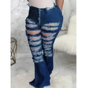 LW Plus Size High Stretchy Broken Holes Blue Flare
