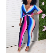 LW V Neck Gradient Striped Jumpsuit