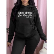 Lovely Leisure Hooded Collar Letter Print Black Ho