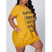 lovely Casual O Neck Letter Print Yellow Mini Plus