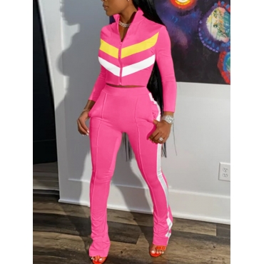 

LW Sportswear Zipper Design Patchwork Pink Two Piece Pants Set