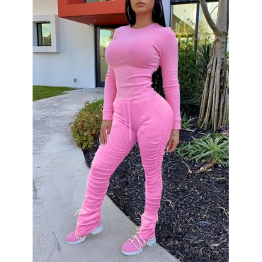 

LW Leisure O Neck Fold Design Pink Two Piece Pants Set