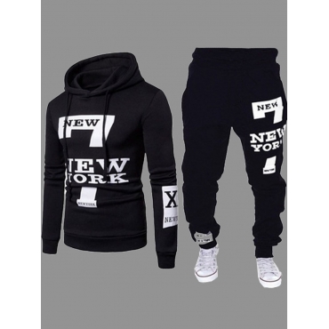 

LW Men Sportswear Hooded Collar Letter Print Carbon Black Two-piece Pants Set