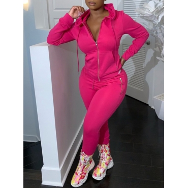 

LW Hooded Collar Zipper Design Tracksuit Pants Set, Rose red