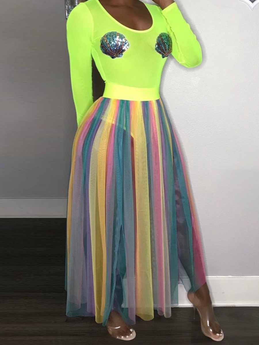 

lovely Trendy U Neck Rainbow Striped Green Two Piece Skirt Set
