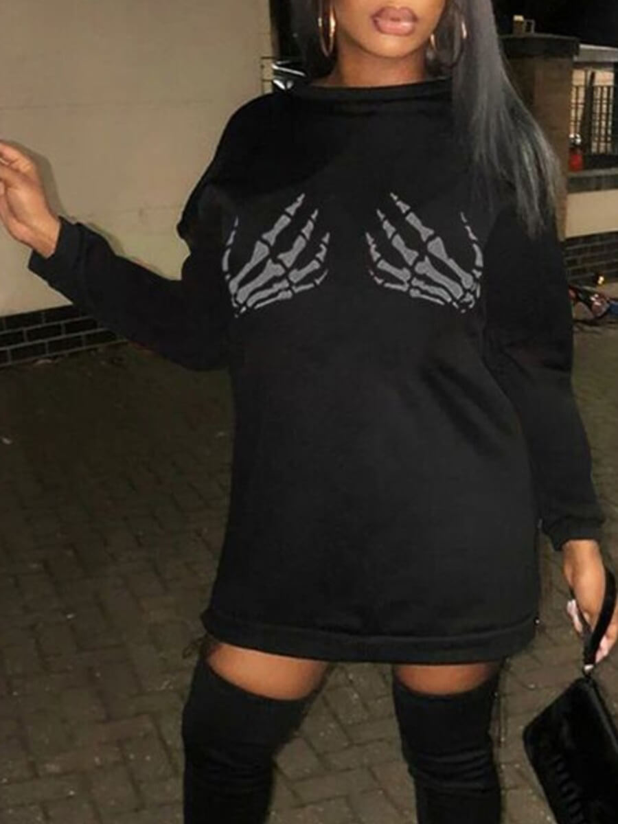 

Lovely Leisure O Neck Print Black Mini Dress