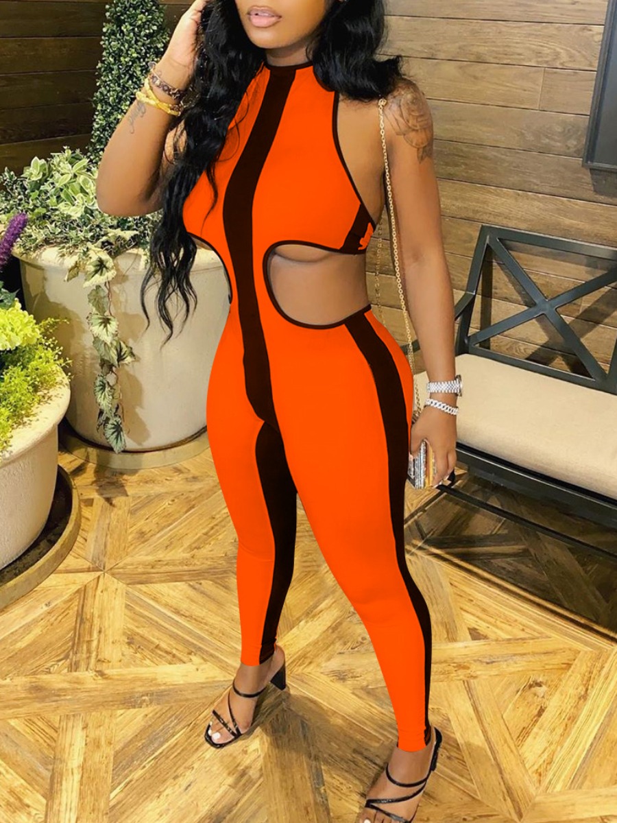 

lovely Sexy Backless Patchwork Orange One-piece Jumpsuit